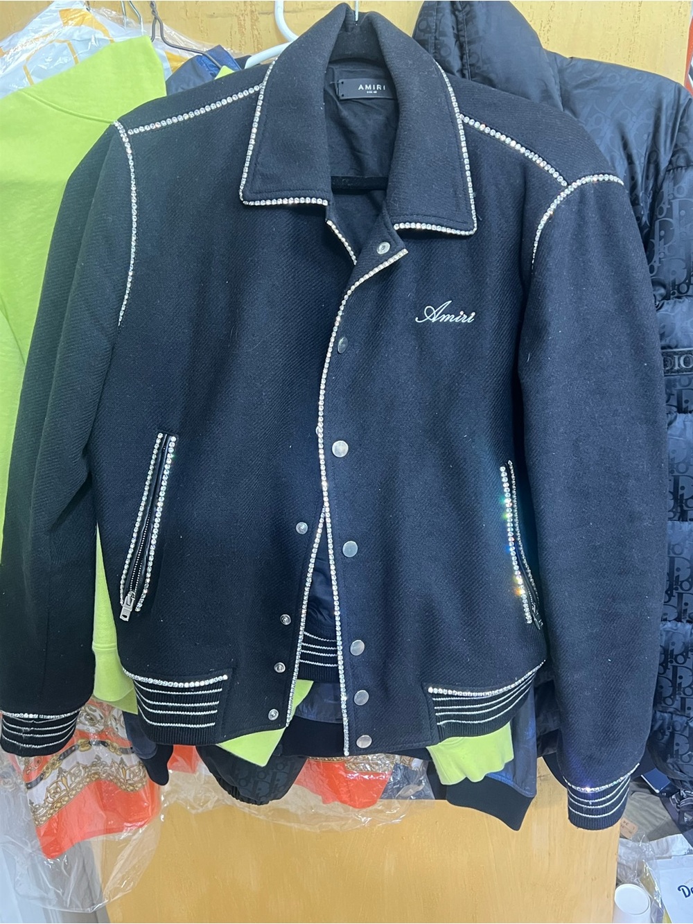 AMIRI Black Rhinestone-Trimmed Varsity Bomber Jacket